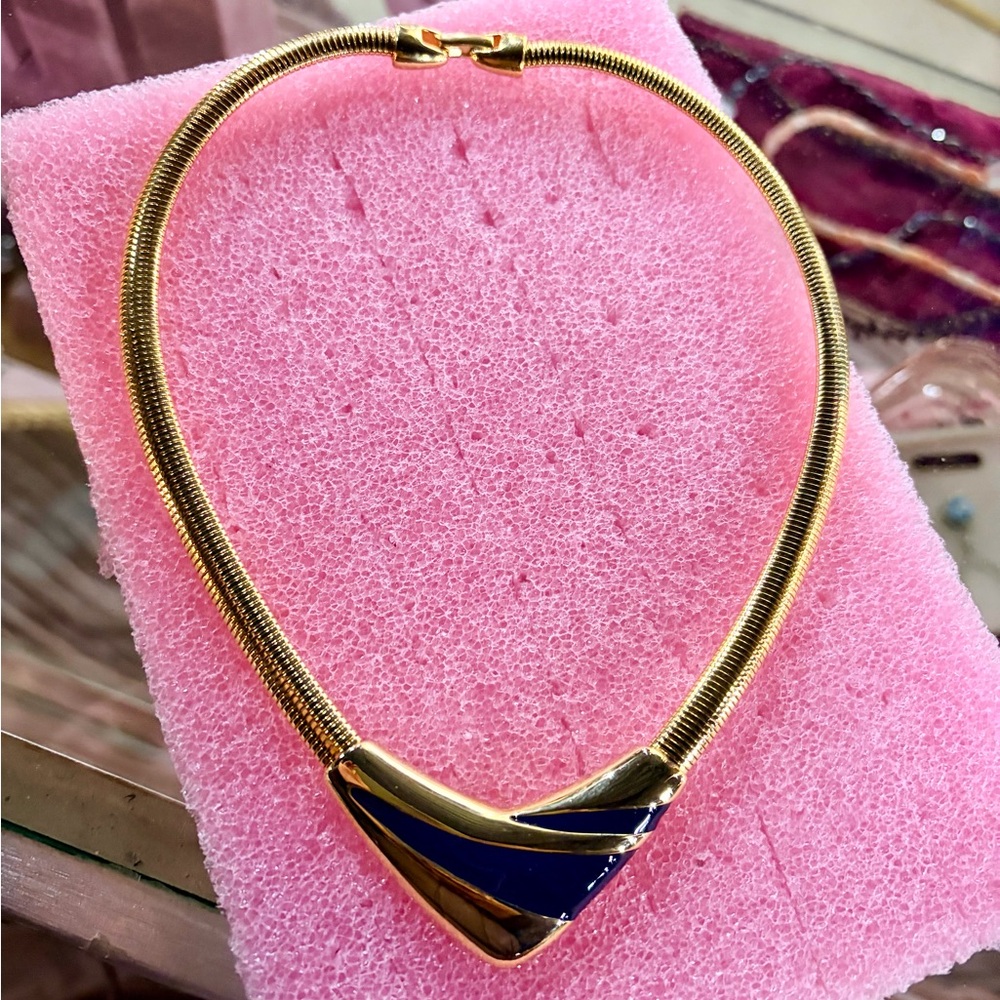 Vintage NAPIER Gold Tone Navy Blue Enamel Omega Chain Choker Necklace